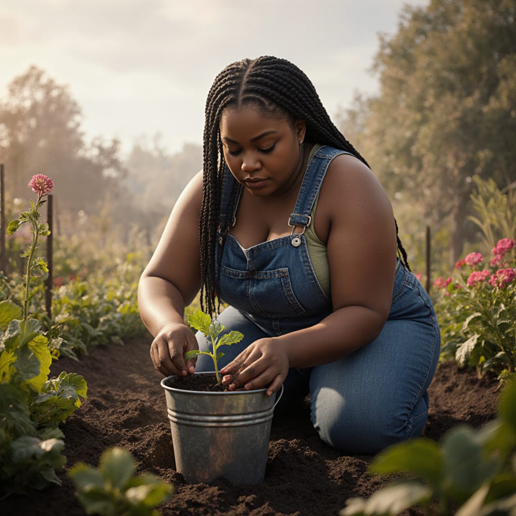 Woman with hands in soil connecting to ancestral healing through gardening and rootwork